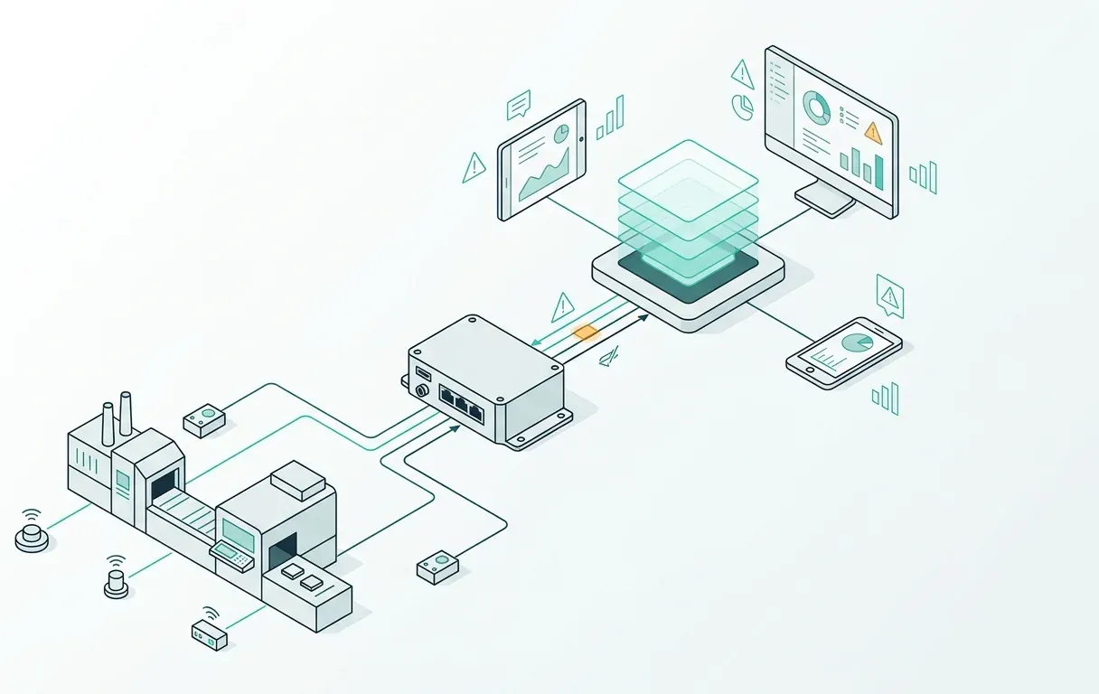 A Smart in-Flow platform rétegei: gyártósori gépek és szenzorok, a Smart in-Flow Gateway, a központi platform, valamint webes műszerfal, tablet és mobil megjelenítés riasztásokkal